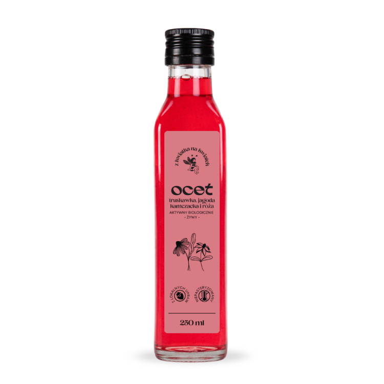Żywy ocet truskawkowy z jagodą kamczacką i różą 250 ml.png